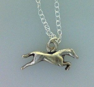 Solid silver jumping horse on sterling silver 18" chain, handmade by www.lrsilverjewellery.co.uk