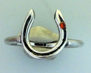 solid silver horseshoe ring with crystal in stud hole on sterling silver ring band, handmade at www.lrsilverjewellery.co.uk