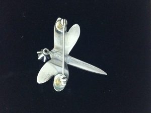 Solid silver dragonfly brooch reverse showing the fittings taught as part of the silver clay brooch course at www.lrsilverjewellery.co.uk