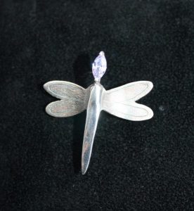 solid silver dragonfly brooch with sky blue marquise stone made as part of the silver clay brooch course at www'lrsilverjewellery.co.uk