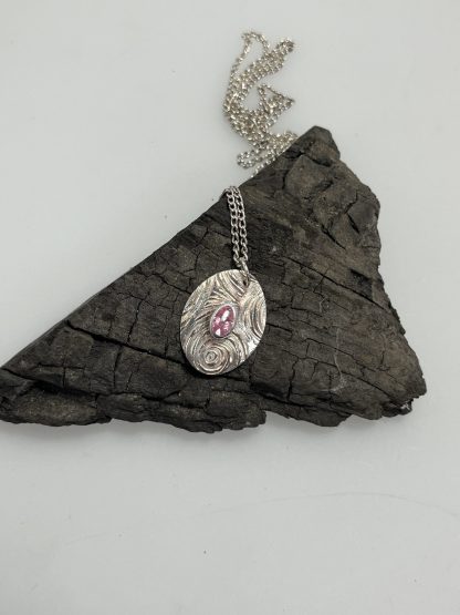 Oval pink stone silver necklace